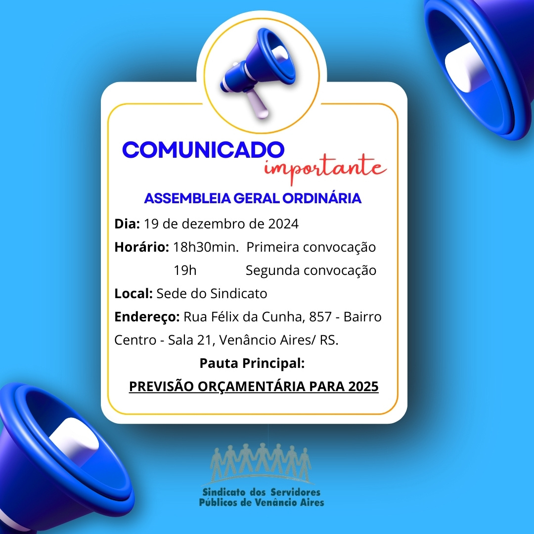Sindicato realiza na quinta-feira, 19, a última Assembleia Geral Ordinária do ano